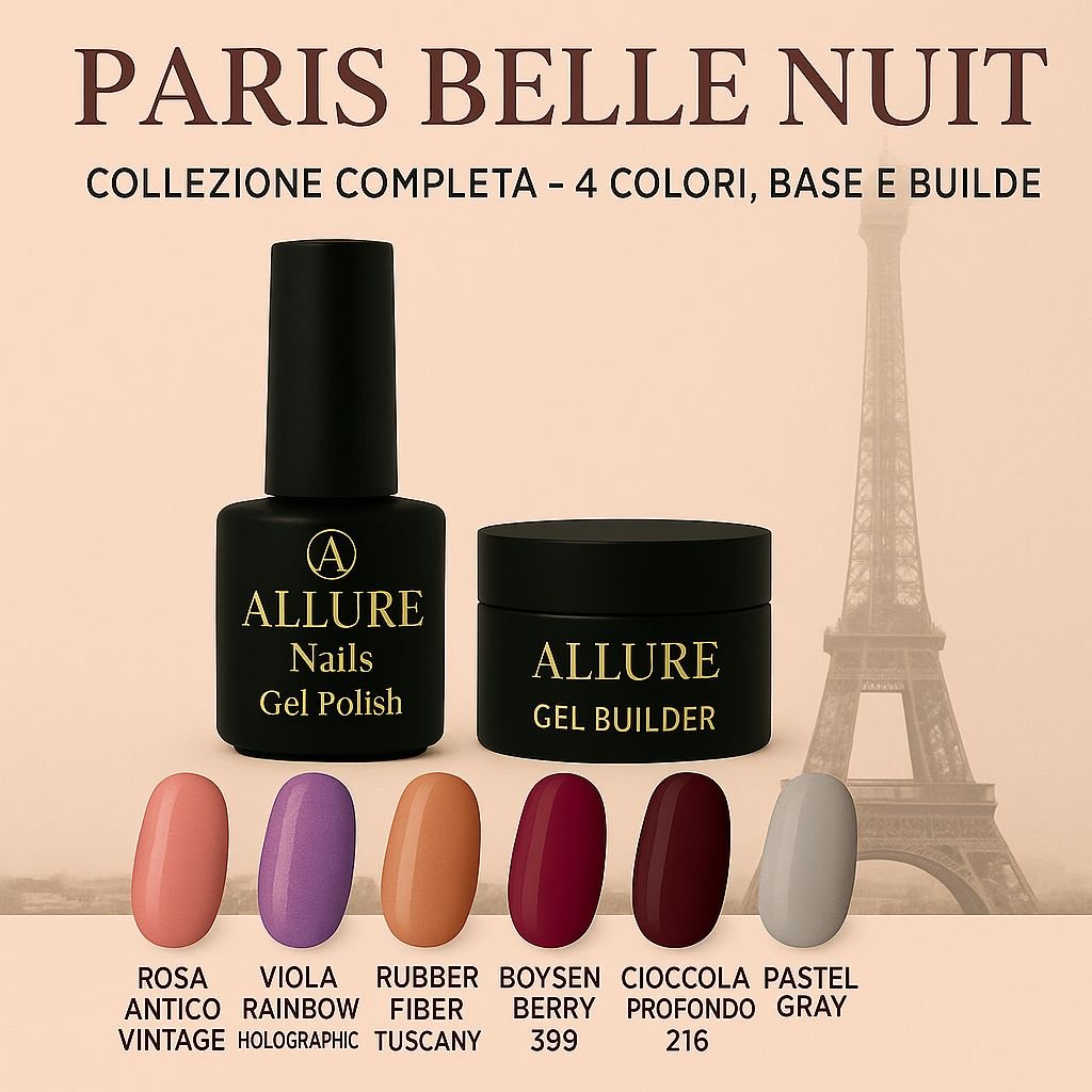 Collezione Paris Belle Nuit Allure Nails – Kit 4 colori, base rubber e gel builder