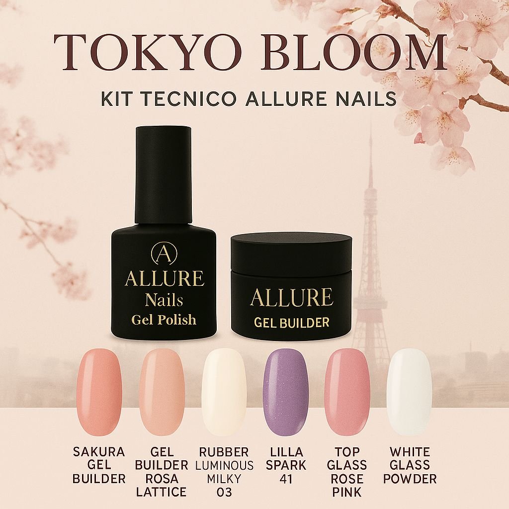 Tokyo Bloom – Kit Tecnico Allure Nails con gel builder, base, top, semipermanente e polvere decorativa