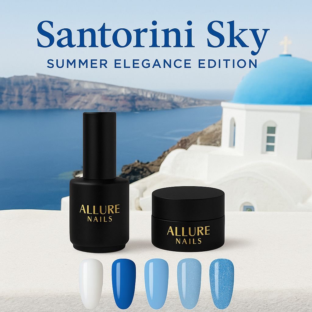 Kit unghie estate Santorini Sky di Allure Nails con boccette nere e colori azzurri ispirati al mare e all'architettura greca.